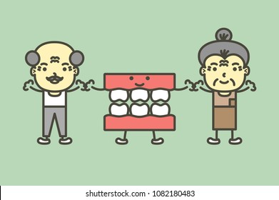 senior man and woman with denture or false teeth are smiling - dental cartoon vector flat style cute character for design