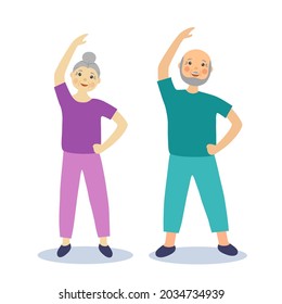 Senior man and woman doing exercise together for a good health. Old couple fitness concept vector illustration on white background.