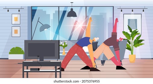 Senior Man Woman Doing Yoga Fitness Exercises Watching Tutorials On Tv Online Training Healthy Lifestyle Active Old Age