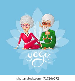 Senior man and woman doing yoga exercise. Vector cartoon illustration. Yoga for grandparents.