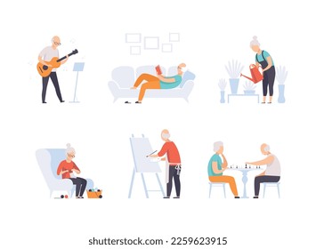 Senior Man and Woman Engaged in Different Activity on Retirement Vector Set