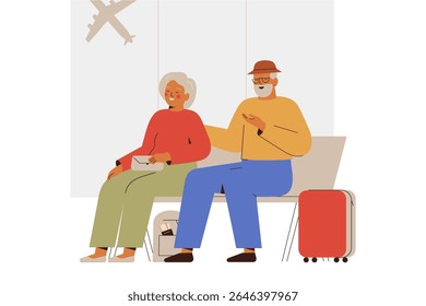 Senior Man and woman expect for departure in airport hall. Elderly couple talk and waiting their airplane. Mature Tourists going on vacation, journey or trip. Vector illustration