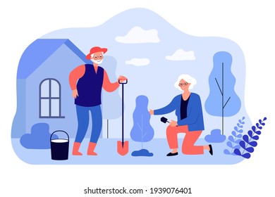 Senior man and woman family planting tree in garden. Active elderly couple people gardening flat vector illustration. Leisure activity, horticulture concept for website design or landing web page