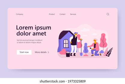 Senior man and woman family planting tree in garden. Active elderly couple people gardening flat vector illustration. Leisure activity, horticulture concept for website design or landing web page