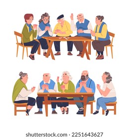 Senior Man and Woman Friends Playing Cards Game Sitting on Bench at Table Vector Set