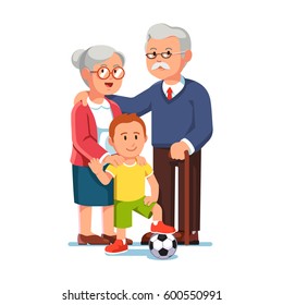 Senior man and woman in glasses standing together with little boy. Old aged grandparents & their grandson waving his hand. Grandma embracing her grand son. Flat style vector isolated illustration.