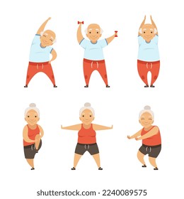 Senior Man and Woman with Grey Hair Doing Physical Exercises Stretching Vector Set