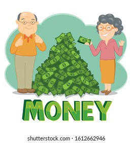 Senior man and woman happy with big pile of money, illustration vector cartoon
