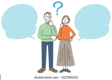 Senior man and woman have doubts as speech balloon.