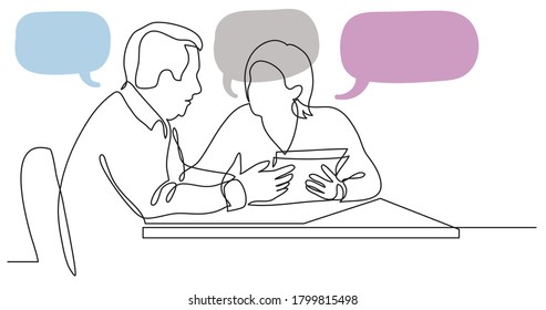 senior man and woman having conversation together - one line drawing with speech bubbles