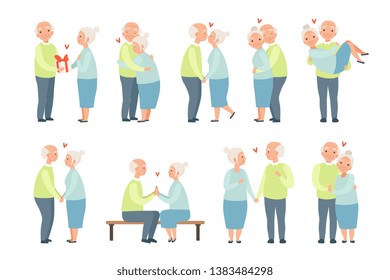 Senior man and woman having a good time together set, elderly romantic couple in love vector Illustrations on a white background