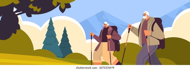 senior man woman hikers traveling together with backpacks active old age physical activities concept