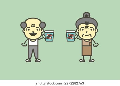 senior man and woman are holding denture or false teeth in water glass - dental cartoon vector flat style cute character for design