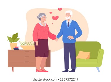 Senior man and woman holding hands at home. Old couple planning retirement together flat vector illustration. Love, health, retirement, elderly care concept for website design or landing web page