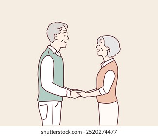 senior man and senior woman holding hands. Hand drawn style vector design illustrations.