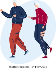 Senior man and woman jogging together in sportswear. Elderly couple exercise for health and fitness, active retirement. Senior fitness and wellness routine vector illustration.