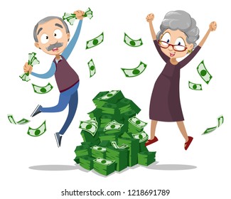 Senior man and woman jumping for joy near big pile of money. Happy lifestyle and wealth in old age. Retirement savings and financial success vector illustration. Old couple lottery winner with money