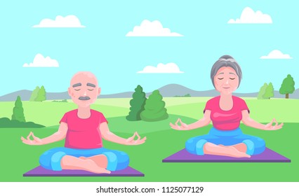 Senior man and woman meditates sitting on carpet.Vector illustration.