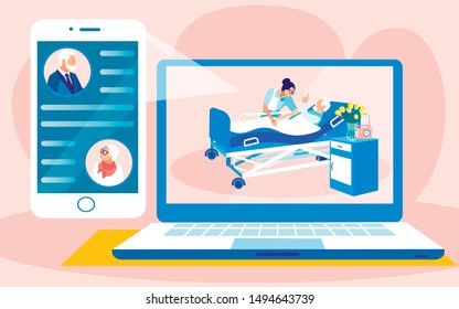 Senior Man and Woman, Old Friends or Couple, Chatting in App, Using Their Phones, Discussing Their Acquaintance in Hospital Bed. Ward Attendant, Bent over Aged Patient, Listening to Him Attentively.