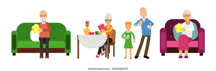 Senior Man and Woman on Retirement Spending Free Time Engaged in Hobby Activity Vector Set