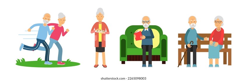 Senior Man and Woman on Retirement Spending Free Time Engaged in Hobby Activity Vector Set