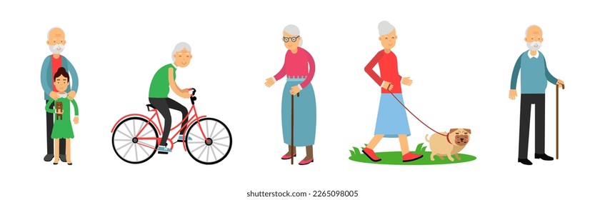 Senior Man and Woman on Retirement Spending Free Time Engaged in Hobby Activity Vector Set