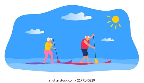 senior man and woman paddling on paddle board on the water summer vacation vector illustration