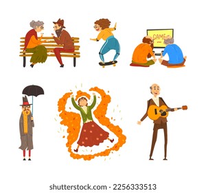 Senior Man and Woman Playing Cards, Guitar, Skateboarding, Walking and Lying on Meadow Grass Vector Set