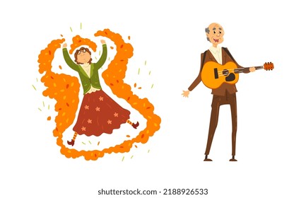 Senior Man and Woman Playing Guitar and Lying on Meadow Grass Vector Set
