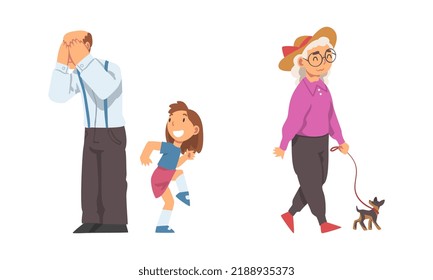 Senior Man and Woman Playing Hide-and-seek with Grandchild and Walking the Dog Vector Set
