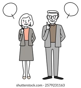 Senior man and woman pointing at something and announcing the important information. Smiling mature couple giving advice. Word balloons included.