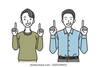 Senior man and senior woman pointing upwards