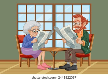Senior man and woman reading papers indoors