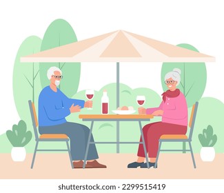 Hombre mayor y mujer en la terraza del restaurante con vasos de vino. Las parejas de ancianos pasan tiempo juntas al aire libre. Retiro activo de estilo de vida para abuelos. Dibujo vectorial o ilustración plana.