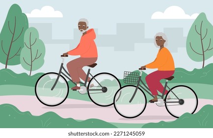 Senior man and woman riding bicycles in the city park. Old man and woman on bikes. Vector illustration