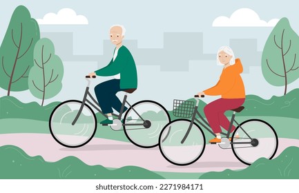 Hombre mayor y mujer en bicicleta en el parque de la ciudad. Viejo y mujer en bicicleta. Ilustración del vector