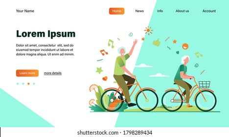 Senior man and woman riding bikes in city park. Happy cartoon old family couple enjoying outdoor activity. Vector illustration for retirement, active lifestyle, age, relationship concept