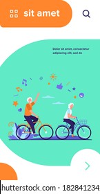 Senior man and woman riding bikes in city park. Happy cartoon old family couple enjoying outdoor activity. Vector illustration for retirement, active lifestyle, age, relationship concept