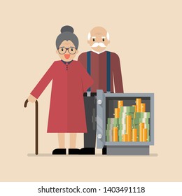 Senior man and woman with safe full of money. Vector illustration