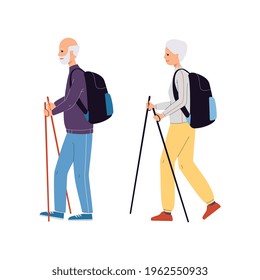 Senior man and woman scandinavian walk activity, flat vector illustration isolated on white background. Elderly couple walking with sticks to maintain tone and health.