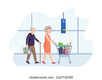 Senior Man And Woman Shopping In Grocery Store. Elderly Couple Purchasing For Groceries. Old Man With Walking Cane Carrying Basket, Woman Pushing Shopping Cart Full Of Products Flat Vector