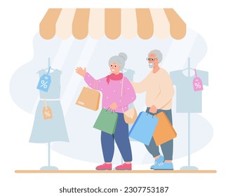Senior man and woman in shopping mall. Elderly couple go shopping together. Active lifestyle retiree for grandparents. Vector cartoon or flat illustration.