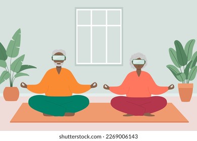 Senior man and woman sit cross-legged and meditate wearing VR glasses. Old man and woman make morning yoga or breathing exercises at home. 