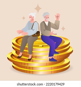 Senior Man And Woman Sitting On Huge Pile Of Golden Coins. Pension Savings. Financial Wealth. Wealthy Retirement. Joyful Family. Investment For Future. Vector Illustration.