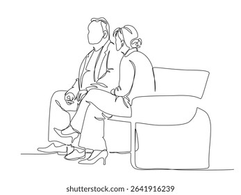 Senior man and woman sitting on bench and talking. Continuous line drawing. Black and white vector illustration in line art style.