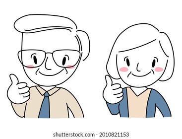 Senior man and woman smiling and showing thumbs up. Portrait of mature businessman and businesswoman giving thumbs up and smiling. Cheerful elderly couple showing thumb up gesture.