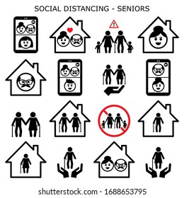 Senior Man And Woman Social Distancing At Home Vector Icons Set, Grandparents Leaving Alone Using Video Calls To Connect With Family. 
Old People Separated From Society During Pandemic.