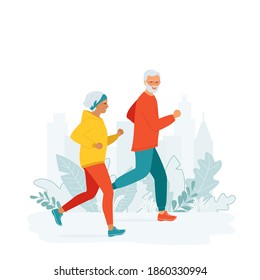 Senior Man And Woman In Sporty Clothes Runs. Mature Family Active Healthy Lifestyle Concept, Leisure Activity On Retirement, City Marathon, Competition. Morning, Evening Jogging. Vector Illustration