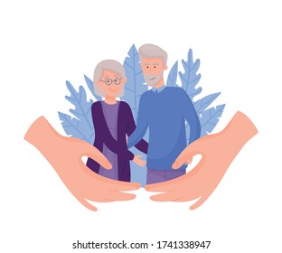 Senior Man and Woman Standing Together and Hands Guarding Them Vector Illustration