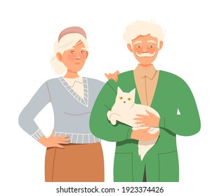 Senior Man and Woman Standing Together Holding Cat Pet with Arms Vector Illustration